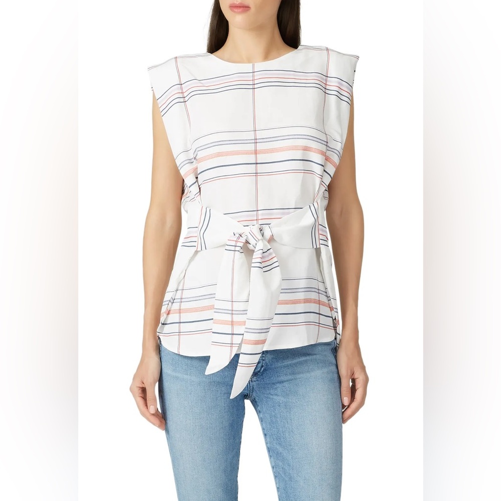HABITUAL Nell Top White Red Navy Blue Tartan Plaid Striped Blouse w Tie Waist - Picture 3 of 16